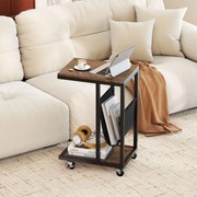 Mesa Auxiliar em Forma de C com Rodas Mesa de Sofá Industrial de 3 Níveis com Estrutura de Metal 40 x 28 x 59 cm Castanho Rústico