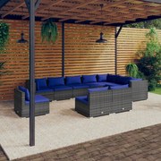 10 pcs conjunto lounge de jardim c/ almofadões vime PE cinzento