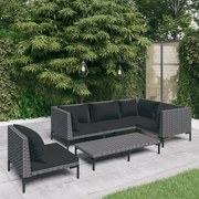 6 pcs conj. lounge jardim c/ almofadões vime PE cinzento-escuro