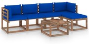 6 pcs conjunto lounge para jardim com almofadões azuis