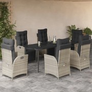 vidaXL 7 pcs conj. jantar p/ jardim c/ almofadões vime PE cinza-claro