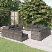 12 pcs conjunto lounge de jardim c/ almofadões vime PE cinzento