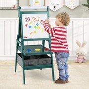 Quadro de brincar de pé de dupla face com quadro magnético e rolo de papel para quadro branco 3 copos e 2 baldes de pano - Verde