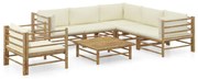 7 pcs conj. lounge p/ jardim em bambu c/ almofadões branco nata