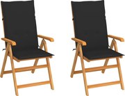 vidaXL Cadeiras de jardim c/ almofadões pretos 2 pcs teca maciça