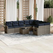 vidaXL 10 pcs conjunto sofás p/ jardim c/ almofadões vime PE cinzento