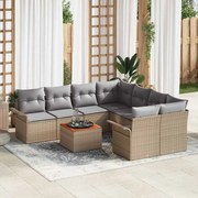 vidaXL Conjunto de Sofá de Jardim de 9 Peças com Almofadas Bege de Poly Rattan e Acácia.