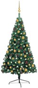 vidaXL Meia árvore Natal artificial pré-iluminada c/ bolas verde