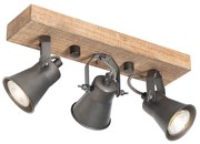 Candeeiro de teto rústico preto com madeira 3 luzes ajustáveis - Jelle