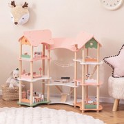 Casa de Bonecas de Madeira para Crianças 3-8 Anos 7 Quartos 3 Níveis 32 Peças de Mobiliário Realista Acessórios Teto Rosa