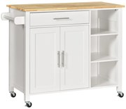 HOMCOM Ilha de Cozinha com Rodas 1 Gaveta 2 Portas 3 Prateleiras Abertas e Barra lateral 107,5x48x89cm Branco | Aosom Portugal