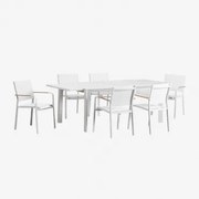 Conjunto De Mesa Extensível Retangular Starmi, 180x240-100 Cm, E 6 Cadeiras De Jardim Empilháveis De Alumínio Archer. Gardénia Branco - Sklum