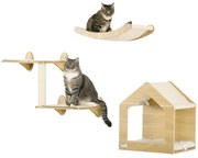 PawHut Prateleiras Parede Gatos 3 Peças Caverna Rede Sisal Carvalho Espaço Otimizado Estilo Moderno Felino | Aosom Portugal