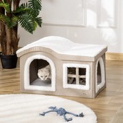 Casa Dobrável para Gatos Caverna para Gatos Grande com Tampa Removível Almofadas 2 Entradas e Janela 63,5x37x40cm Bege