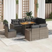 vidaXL 9 pcs conjunto sofás p/ jardim com almofadões vime PE cinzento