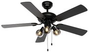 Ventilador de teto preto com impressão de madeira 107,5cm 3-luzes com interruptor de tração - Mistral Vidro Industrial