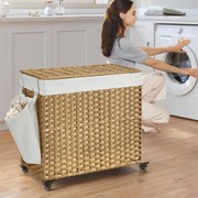 Cesto para roupa suja dobrável com 3 compartimentos e bolso lateral 70 x 36 x 66 cm Cor natural