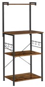 Prateleira de cozinha VASAGLE com 3 níveis e 6 ganchos em formato de S, design industrial, utensílios de cozinha para micro-ondas, temperos, panelas e frigideiras, vintage, marrom-preto KKS023B01