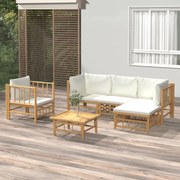 6 pcs conjunto lounge de jardim bambu c/ almofadões branco nata
