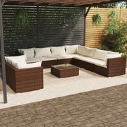 10 pcs conjunto lounge de jardim c/ almofadões vime PE castanho