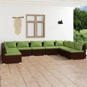 9 pcs conjunto lounge de jardim c/ almofadões vime PE castanho