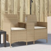 vidaXL Sofá de jardim c/ mesa e almofadões 2 lugares vime PE bege