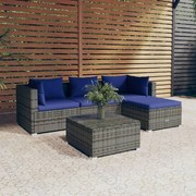 5 pcs conjunto lounge de jardim c/ almofadões vime PE cinzento