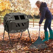 Compostor exterior 160 L, 70 x 65 x 93 cm com Cesto giratório para reciclagem de resíduos orgânicos com câmara dupla e 2 portas deslizantes Preto