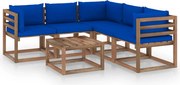 6 pcs conjunto lounge c/ almofadões azuis pinho impregnado