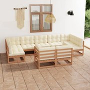 vidaXL 9 pcs conj. lounge jardim almofadões pinho maciço castanho mel