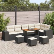 vidaXL Conjunto de sofá de jardim com almofadas , 10 peças em rattan sintético preto e madeira de acácia.