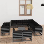 12pcs conjunto lounge de jardim + almofadões pinho maciço cinza