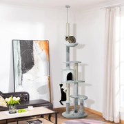 Arranhador para Gatos de Teto com Altura Ajustável Caverna Plataformas Rede Postes de Arranhar e Bolas Suspensas Ø60x225-255 cm Cinza