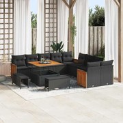 vidaXL Conjunto de Sofás de Jardim com 13 Peças e Almofadas em Rattan Sintético Preto de Acácia