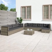 9 pcs conjunto lounge de jardim c/ almofadões vime PE cinzento