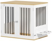 PawHut Gaiola para Cães 2 em 1 Mesa Auxiliar com 2 Portas com Trava Comedouro Giratório de 360° 2 Tigelas 80x55x71,5 cm Branco | Aosom Portugal