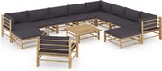 vidaXL 12 pcs conj. lounge jardim em bambu c/ almofadões cinza-escuro