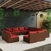 11 pcs conjunto lounge de jardim c/ almofadões vime PE castanho