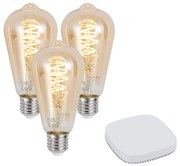 Conjunto de 3 lâmpadas LED E27 reguláveis inteligentes ST64 4,9W 320 lm 2500K Incl. Hub Inteligente Zigbee