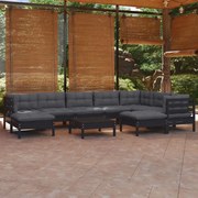 10 pcs conjunto lounge jardim c/ almofadões pinho maciço preto