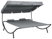 vidaXL Espreguiçadeira com toldo e almofadas cinzento