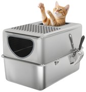 PawHut Caixa de Areia para Gatos em Aço Inoxidável XL Caixa de Areia para Gatos com Pá Aberturas Duplas Fácil de Limpar 60x39,6x40,1 cm Prateado