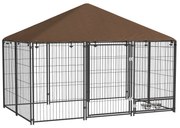 PawHut Parque para Cães com Toldo com Suporte Giratório para Comida 2 Tigelas Incluídas 211x141x151 cm Preto e Marrom