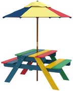 Outsunny Mesa de Piquenique para Crianças em Madeira com 2 Bancos e Chapéu de Sol Removível para Jardim 85,5x75x142,5 cm Multicolor | Aosom Portugal