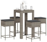 vidaXL 5 pcs conjunto de bar p/ jardim c/ almofadões vime PE cinzento