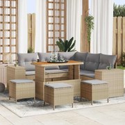 vidaXL Conjunto de Sofá de Jardim de 9 Peças com Almofadas Beges, Rattan Sintético e Acácia