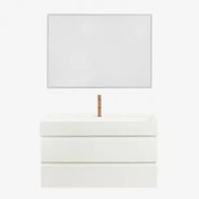 Conjunto De Móvel De Casa De Banho Suspenso Em Madeira E Folha De Freixo Com Lavatório Integrado Ona Branco & Led Retangular - Sklum