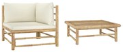 2 pcs conj. lounge p/ jardim em bambu c/ almofadões branco nata