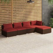 vidaXL 5 pcs conjunto lounge jardim c/ almofadões vime PE castanho