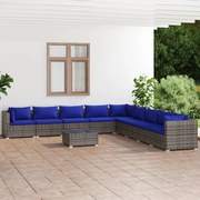 10 pcs conjunto lounge de jardim c/ almofadões vime PE cinzento